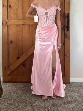 Blush Pink Off-Shoulder Lace & Satin Prom Dress
